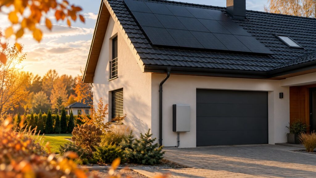 Panele fotowoltaiczne na dachu domu jednorodzinnego i magazyn energii