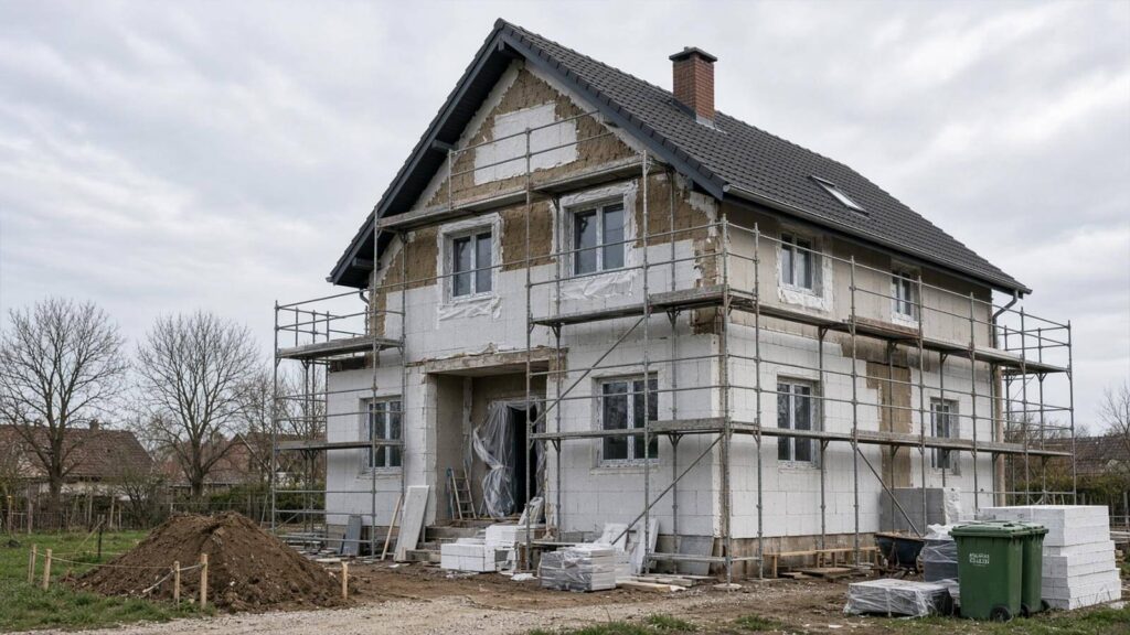 Dom jednorodzinny w trakcie ocieplania ścian styropianem, otoczony rusztowaniem